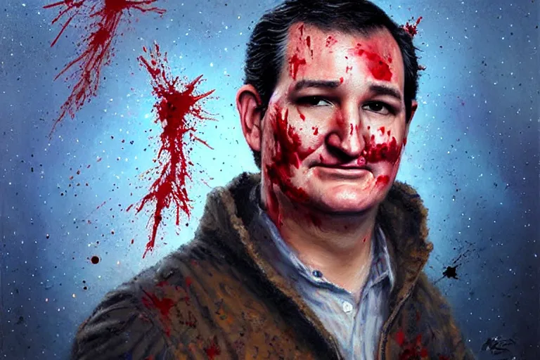 Prompt: portrait of ted cruz wearing burlap bloodsplattered as the zodiac killer at night, an oil painting by ross tran and thomas kincade