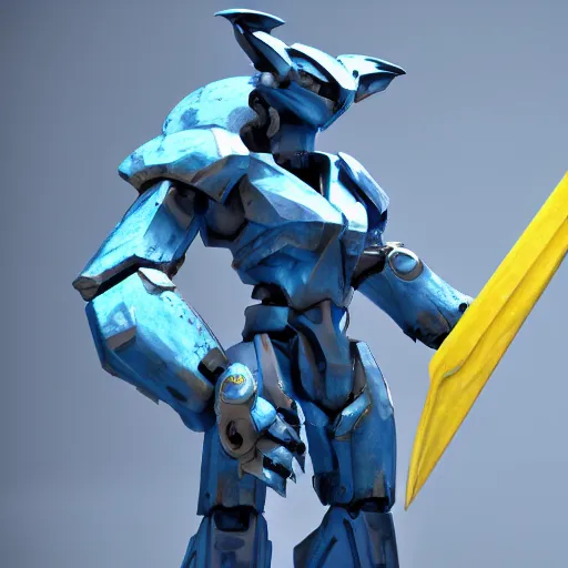 Image similar to blue anthro mecha dragon holding a yellow sword, photorealistic, 4k, artstation, 8k wallpaper, unreal engine 5, ue5