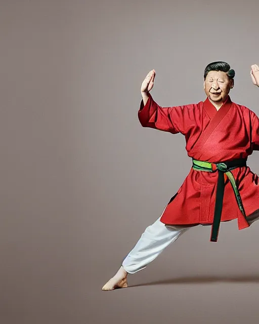 Prompt: Xi Jinping practicing karate at the Shaolin temple, photorealistic, studio lighting, photographed in the style of Annie Leibovitz