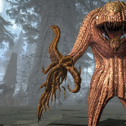 Image similar to a Skyrim mod that adds lovecraftian monsters to the game