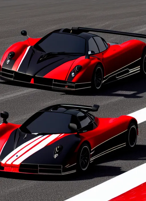 Prompt: Black with red striped Pagani Zonda R cornering on a racetrack, 3D render at 16K resolution,