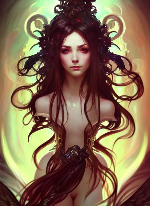 Image similar to summoner with a cute death elemental, fantasy, intricate, elegant, highly detailed, digital painting, artstation, concept art, wallpaper, smooth, sharp focus, illustration, art by artgerm and alphonse mucha