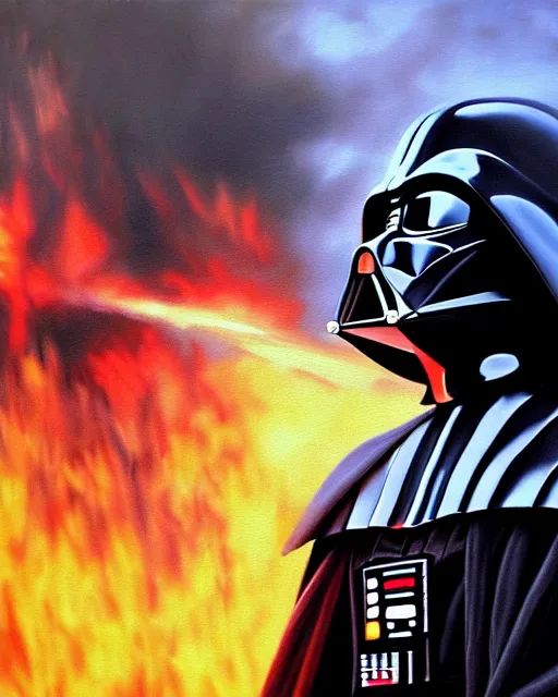 Image similar to oil painting portrait of darth vader, burning city background, high production value, intricate details, high resolution, hdr, high definition, masterpiece, realistic, ultrarealistic, highly detailed, hd, sharp focus, non blurry, sharp, smooth