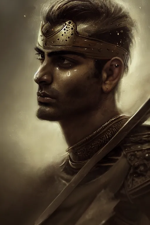 Image similar to portrait of a Persian Prince fighting at war, warrior, brutal battle, handsome prince, shaved face, without beard, attractive young man, shaved face, heroic pose, dramatic lighting, dark and horror, action and tragedy, dust and blood, intricate, wild, highly detailed, digital painting, artstation, concept art, smooth, sharp focus, illustration, art by artgerm and greg rutkowski and alphonse mucha, footage from space camera