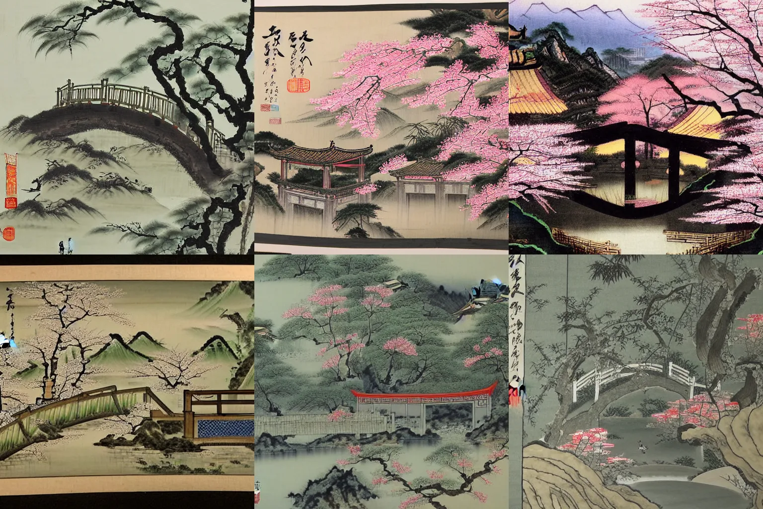 Prompt: Traditional Chinese painting. a small bridge, several cottages, with a stream flow. cherry blossom. Fertile fields. beautiful ponds. Mulberry. bamboo forests. children happy and comfortable