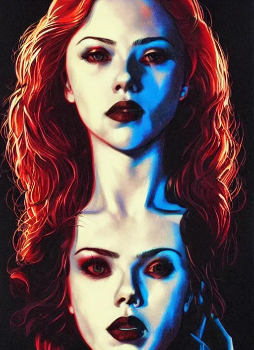 Image similar to scarlett johannson as the final girl, slasher, horror, high details, intricate details, by vincent di fate, artgerm julie bell beeple, 1 9 8 0 s, inking, vintage 8 0 s print, screen print