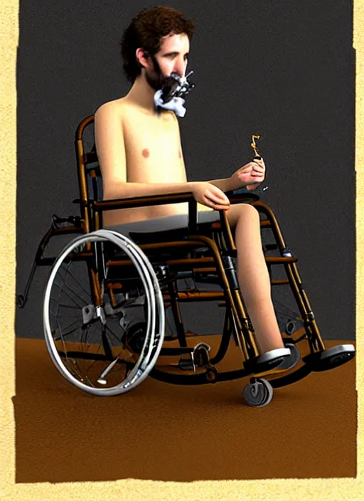 Image similar to timothy chamelet smoking a joint sitting in a wheel chair, photo, realistic