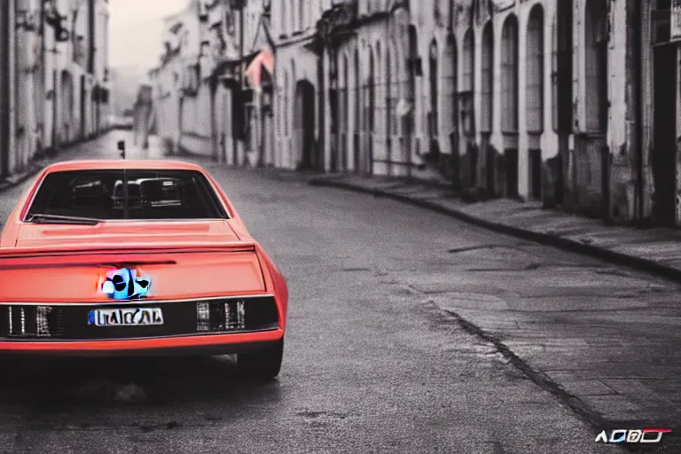 Prompt: audi camaro b 1 ( 1 9 6 9 ) drifting, need for speed : carbon, neon lines, lviv historic centre, ultra phonk, phonk music background, smoke behind wheels, noise, dark, establishing shot