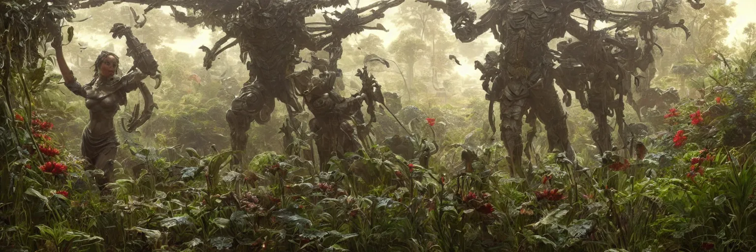 Image similar to an extremely detailed cinematic movie shot of a lush overgrown organic garden with an ornate futuristic suit of armor in the center, mossy ground, golden glow, masterpiece 4k digital illustration by Ruan Jia and Mandy Jurgens and Artgerm and william-adolphe bouguereau, highly detailed, trending on artstation, award winning