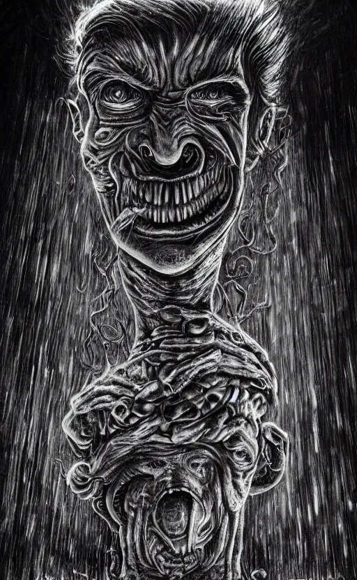 Image similar to lovecraftian portrait of trump, surrounded by beams of light dark background by wayne barlow, stanley donwood, anton semenov, zdzislaw bekinski, hr giger, 8 k, fantasy, dark, highly detailed