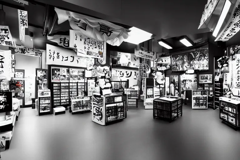 Image similar to still photo of a japanese street anime shop, black and white color aesthetic, highly detailed, photorealistic portrait, bright studio setting, studio lighting, crisp quality and light reflections, unreal engine 5 quality render