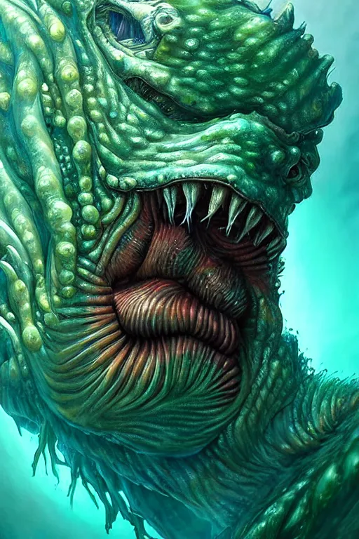 Image similar to hyperrealistic close-up surrealism underwater creature monster!! highly detailed concept art eric zener elson peter cinematic hard green lighting high angle hd 8k sharp shallow depth of field, inspired by David Paul Cronenberg and Zdzisław Beksiński