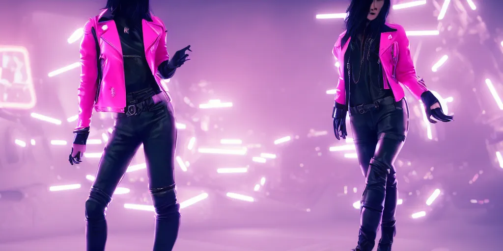 Prompt: a photo of 8k black haired female rock star in high heels and a leather jacket, pink and blue neon, cinematic lighting, trending on artstation, 4k, hyperrealistic, focused, extreme details, unreal engine 5, cinematic, masterpiece