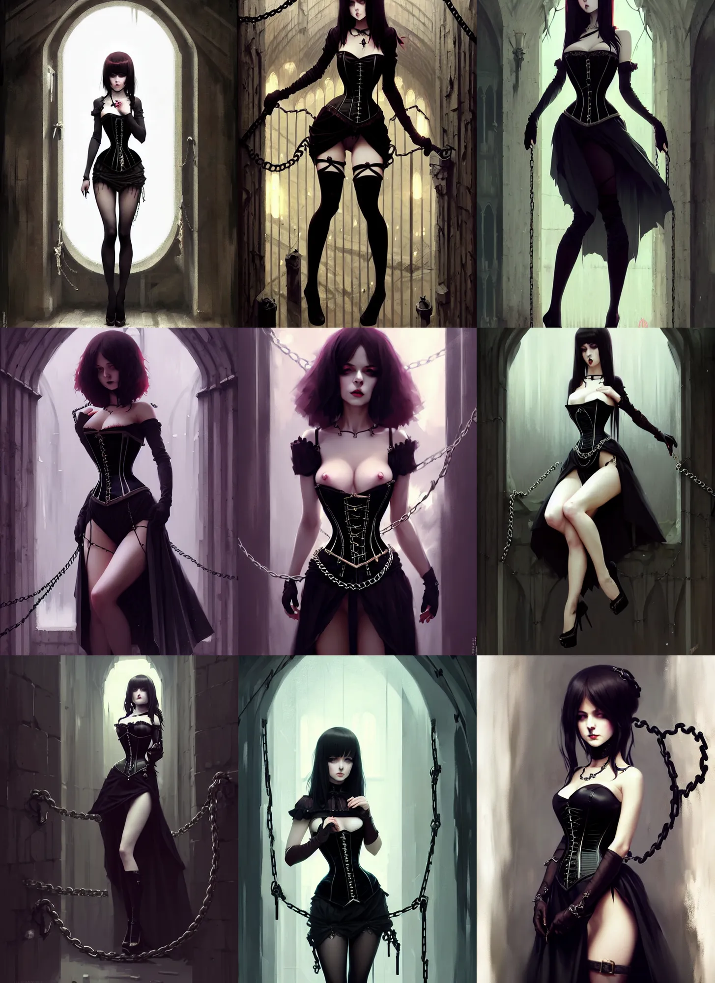 Prompt: an elegant beautiful gothic princess, bound by chains and barbed wire in a dungeon, very tight corset, high heels, full body, style of ilya kuvshinov, greg rutkowski, anna dittmann, masterpiece, very high quality, dark, intricate, high resolution