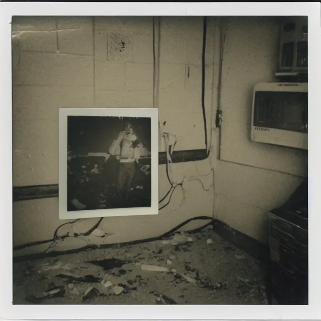 Image similar to found polaroid photo, flash, interior abandoned hospital, spongebob squarepants standing