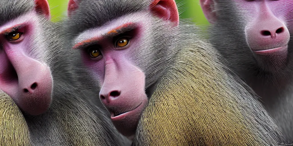 Image similar to colorful baboons sitting side by side starring directly into the camera with colorful feather background, highly detailed, intricate, digital painting, trending on artstation, concept art, matte painting, art by greg rutkwowski, craig mullins, octane render, 8 k, unreal engine