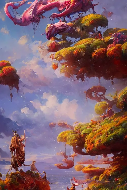 Prompt: an hiper intricate oil painting of a beautifull serene landscape with surreal animals surounded by melting colorfull wax drips, colorfull, excelent composition, wide shot, by yoshitaka amano, by ellen jewett, by greg rutkowski, by jeremyg lipkinng, by rhads, by ross tran, artstation, octane render