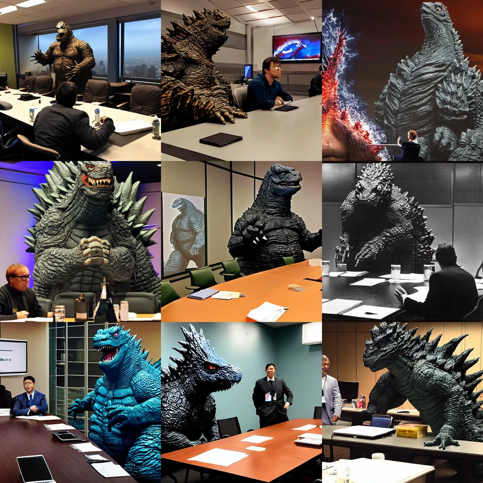 Prompt: godzilla is seated at a conference table with a mike