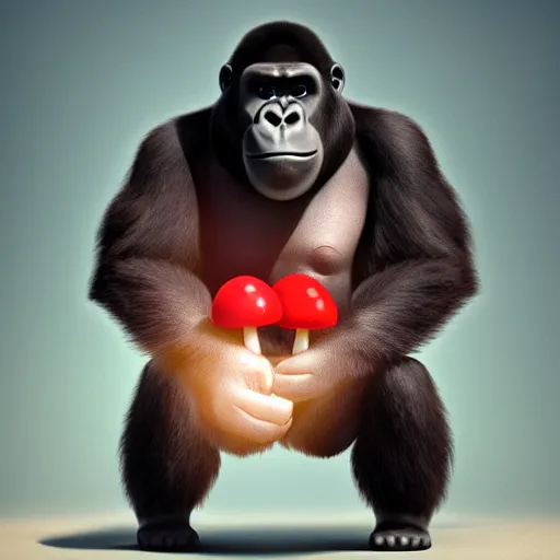 Image similar to a wholesome animation key shot of a gorilla holding a very small red mushroom, chilled out smirk on face, studio ghibli, pixar and disney animation, sharp, rendered in unreal engine 5, anime key art by greg rutkowski, bloom, dramatic lighting