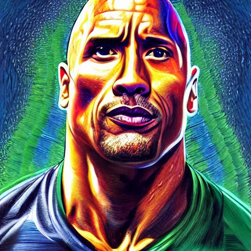 Prompt: the rock dwayne johnson, illustration painting, oil on canvas, intricate, portrait, detailed illustration, hd, digital art, overdetailed art, concept art, complementing colors, detailed, illustration painting by alex gray, digital art, overdetailed art, concept art, complementing colors rendered by beeple, syd meade