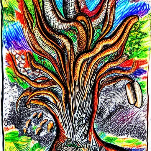 Image similar to detailed drawing of a white oyster mushroom fruiting from a tree trunk, psychedelic colors, tye dye