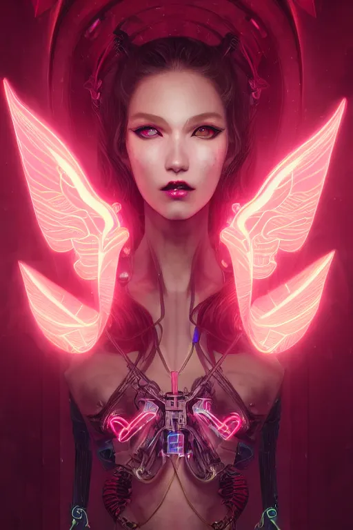 Image similar to portrait futuristic Devil Girl with horns and wings, in future cyberpunk tokyo rooftop , ssci-fi, fantasy, intricate, very very beautiful, elegant, human anatomy, neon light, highly detailed, digital painting, artstation, concept art, smooth, sharp focus, illustration, art by tian zi and WLOP and alphonse mucha