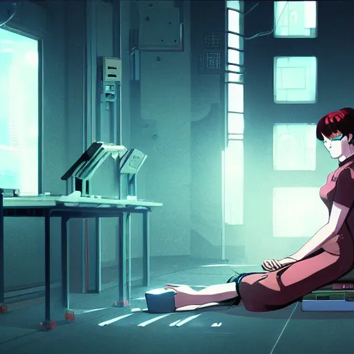 Image similar to a woman sitting on the floor in a room, cyberpunk art by satoshi kon, cgsociety, computer art, circuitry, anime, anime aesthetic
