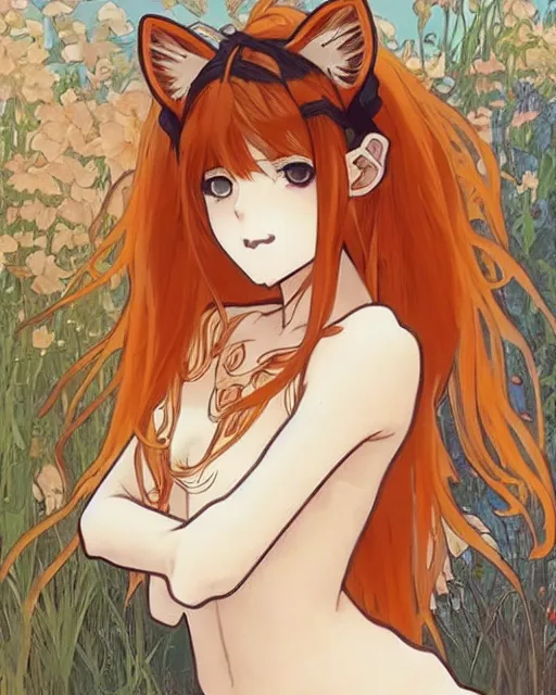 Prompt: A cute frontal painting of a very very beautiful anime skinny foxgirl with curly orange colored hair and fox ears on top of her head wearing a white short t-shirt with quake 3 symbolic looking at the viewer, elegant, delicate, soft lines, higly detailed, smooth , pixiv art, ArtStation, artgem, art by alphonse mucha charles reid and Gil Elvgren, high quality, digital illustration, concept art, long shot