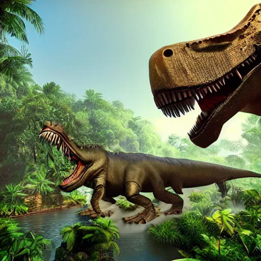 Prompt: an elaborate time machine with floating platform over a prehistoric jungle with a t - rex in the background, unreal engine, hyper detailed