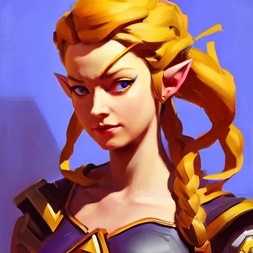 Image similar to Greg Manchess portrait painting of Zelda as Overwatch character, medium shot, asymmetrical, profile picture, Organic Painting, sunny day, Matte Painting, bold shapes, hard edges, street art, trending on artstation, by Huang Guangjian and Gil Elvgren and Sachin Teng