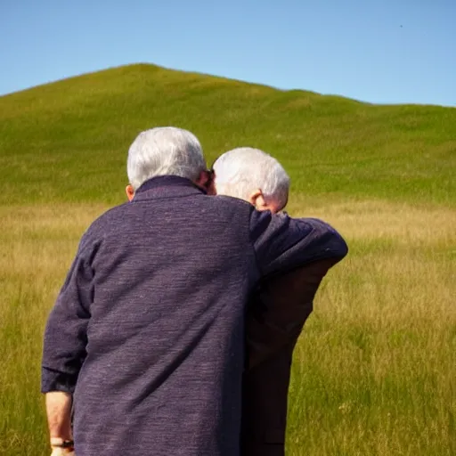 Prompt: an old man hugging earth