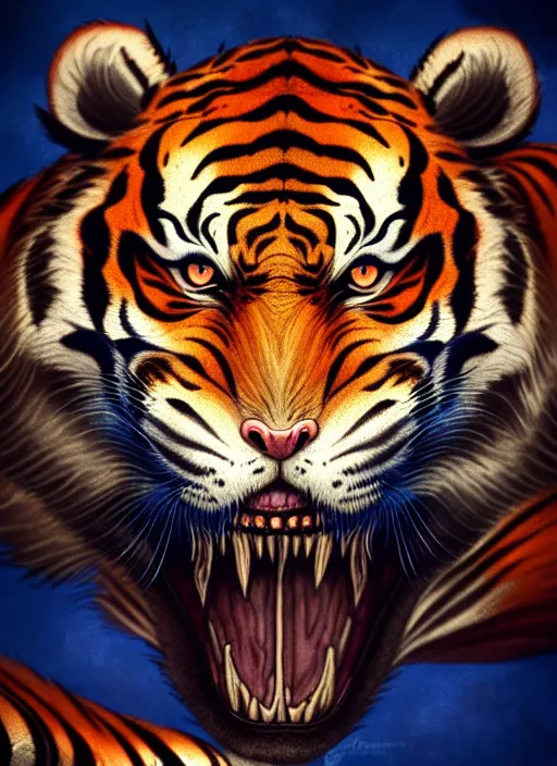 Prompt: close up portrait of anthropomorphic tiger, growling, strong and ferocious, red tattered bandana by artgerm, cushart krenz, greg rutkowski, mucha. art nouveau. gloomhaven, swirly liquid ripples, blue tones, vibrant colors, sharp edges. ultra clear detailed. 8 k. elegant, intricate, octane render
