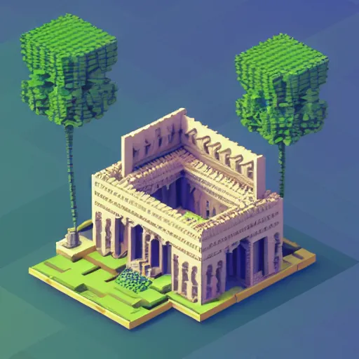 Prompt: vector illustration isometric voxel art persian house architecture, persian rugs, persian windows, arch doors, jungle leaf, golden details, crystal, 3 d, magicavoxel, c 4 d, octane render, art by madmaraca, makoto shinkai, hiroshi yoshida