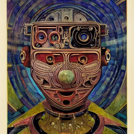 Image similar to the robot in her intricate mechanical mask, by annie swynnerton and diego rivera and kit williams and leo and diane dillon and nicholas roerich, symbolist, dramatic lighting, elaborate geometric ornament, art brut, god rays, soft cool colors, smooth, sharp focus, extremely detailed, adolf wolfli