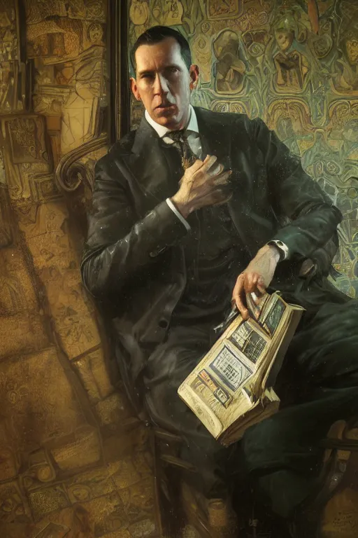 Image similar to , h p lovecraft reading an ancient tome at a victorian study hyperrealistic portrait, bladerunner street, art of elysium by jeremy mann and alphonse mucha and greg rutkowski, fantasy art, photo realistic, dynamic lighting, artstation, poster, volumetric lighting, very detailed face, 4 k, award winning