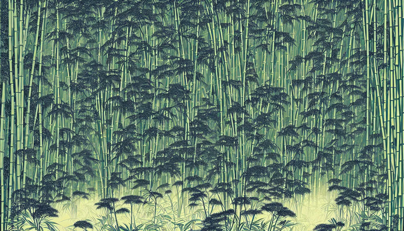 Image similar to bamboo grove with large ferns by woodblock print, nicolas delort, moebius, victo ngai, josan gonzalez, kilian eng