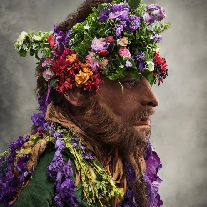 Image similar to a satyr wearing a cloak made of flowers, by Omar Z. Robles, CANON Eos C300, ƒ1.8, 35mm, 8K, medium-format print