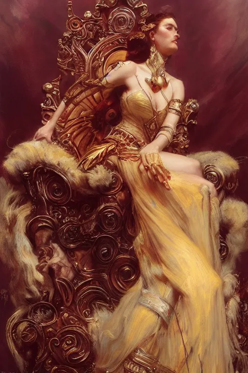 Prompt: full body portrait of blind queen astride her throne, highly detailed painting by gaston bussiere, craig mullins, j. c. leyendecker, 8 k, mid shot