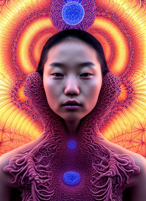 Prompt: ridiculously beautiful young asian woman tripping by irakli nadar, several layers of 3 d coral and light fractals radiating behind with sacred geometry, cosmic, natural, awakening, symmetrical, in the style of ernst haeckel and alex grey, effervescent, warm, photo realistic, epic and cinematic