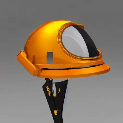 Image similar to hyper detailed boxcutter hard surface modelling rear view of yellow orange and gold astronaut helmet, arstation, cables wires decals