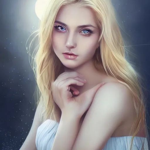 Prompt: a gorgeous female photo, professionally retouched, soft lighting, wearing sundress, illuminated by moonlight, realistic, smooth face, blonde goddess, luscious lips, perfect eyes, wide angle, sharp focus on eyes, shocked expression on her face, 8 k high definition, insanely detailed, intricate, elegant, art by artgerm and wlop