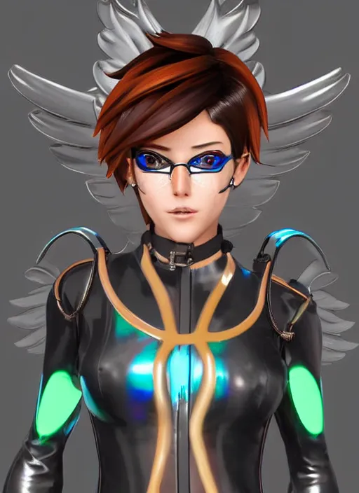 Image similar to portrait bust digital artwork of tracer overwatch, wearing iridescent rainbow latex and leather straps catsuit outfit, expressive face, makeup, in style of mark arian, angel wings, wearing detailed leather collar, chains, black leather harness, detailed face and eyes,