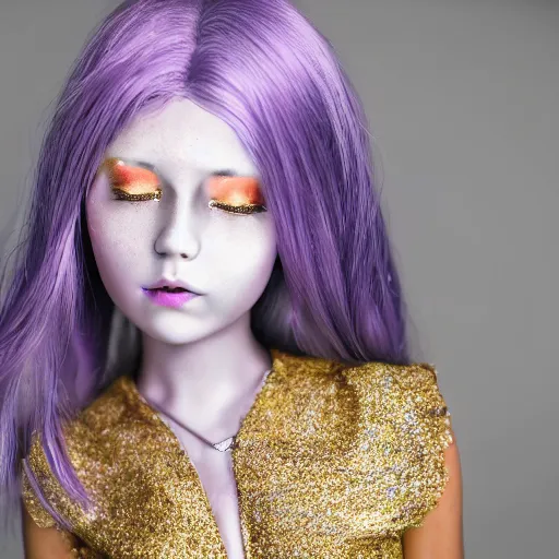 Image similar to girl with silver-violet hair, white eyes and golden glittery dress, wide lens, diorama, 4k,