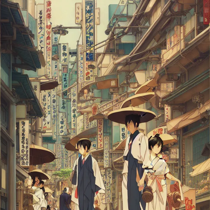 Image similar to japanese big city, summer, in the style of studio ghibli, j. c. leyendecker, greg rutkowski, artem