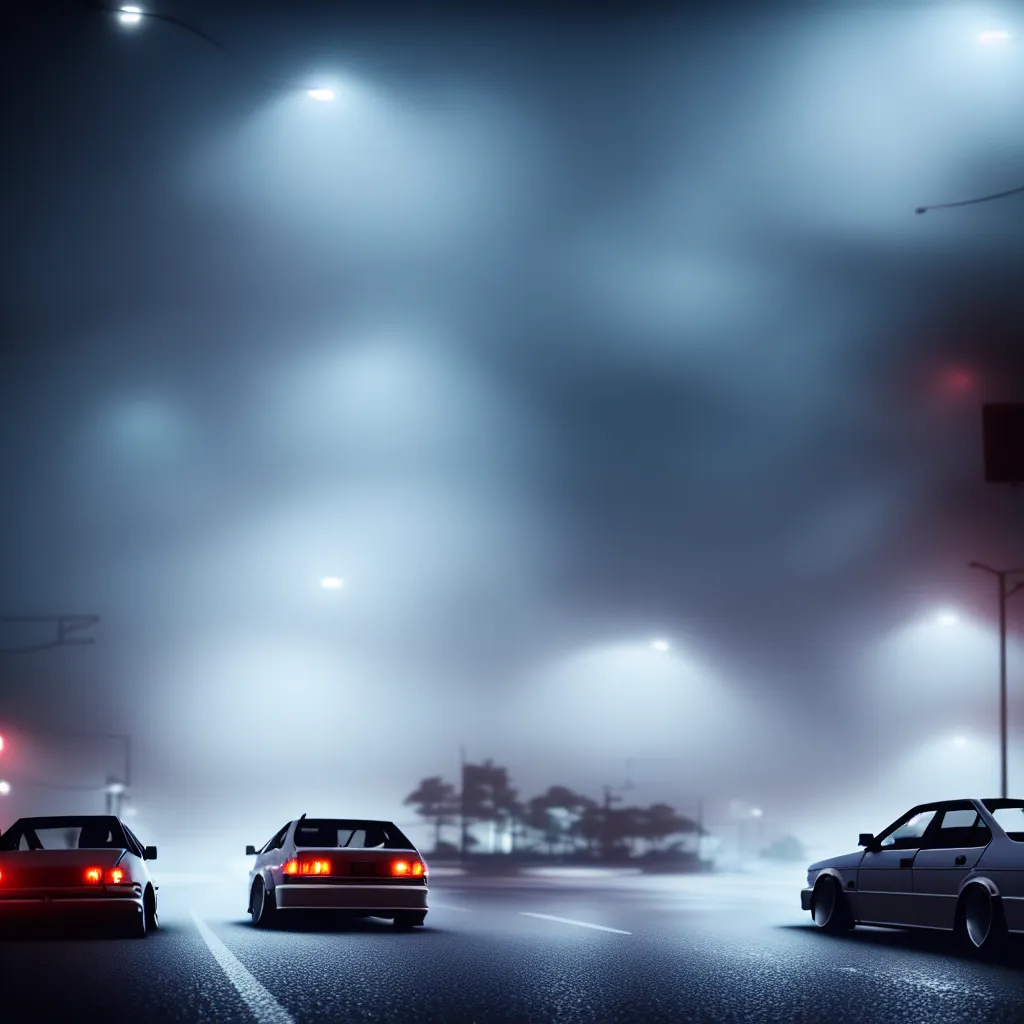 Prompt: JZX90 twin turbo drift middle of empty street, Kanto Region, misty night, cinematic color, photorealistic, highly detailed,