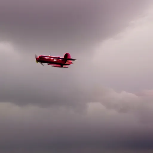 Prompt: Red biplane flying through a hurricane, lightning in the background.