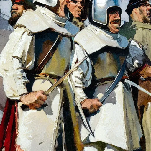 Image similar to portrait of men wearing gambeson and medieval helmets, clashing swords, detailed by greg manchess, craig mullins, bernie fuchs, walter everett