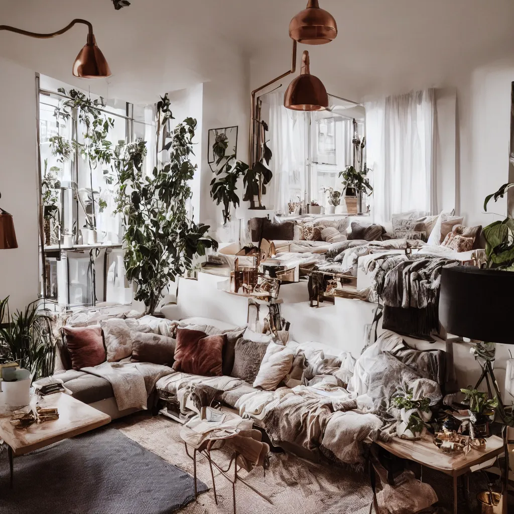 Prompt: wide angle photograph, award winning interior design apartment, dusk outside, dim lighting, cozy and calm, fabrics, textiles, pillows, lamps, colorful copper brass accents, secluded, many light sources, lamps, hardwood floors, book shelf, couch, desk, plants