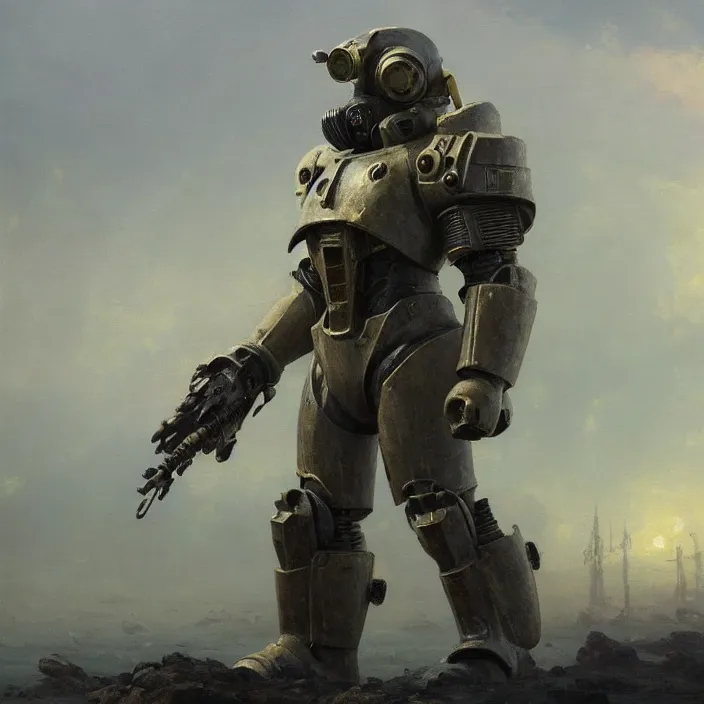 Image similar to a beautiful oil painting of a t - 4 5 power armor, fallout 4 by ivan aivazovsky and greg rutkowski and james gurney and frank lloyd and sung choi and monet, in style of impressionnisme. hyper detailed, sharp focus, soft light. unreal engine 5 lumen. ray tracing. trending on artstation. oil on canvas