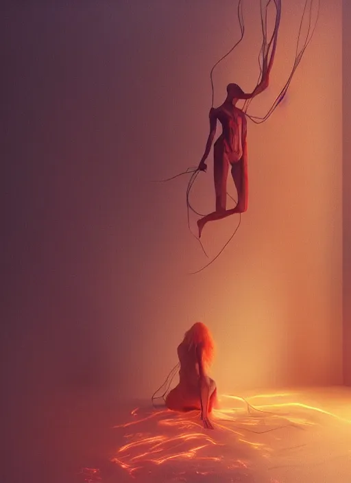 Image similar to rgb, woman, bedroom full of fire, rage, cinematic, movie scene, inspired by zdzislaw beksinski, clothes made out of veins,, cables everywhere, bedroom, ultra realistic, concept art, intricate details, highly detailed, photorealistic, octane render, 8 k